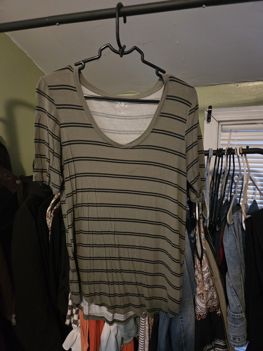 Maurices 24/7 Olive Green Striped Scoop Neck Top